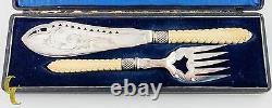 Vintage Fish Knife & Fork Serving Set Silver Plated with Tan Handles