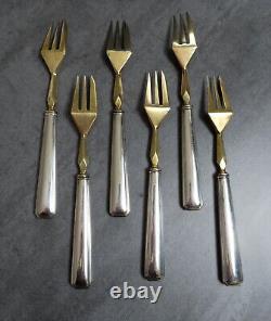 Vintage French Art Deco Gateau Geometric Forks Gold Plated Silver Set of 6
