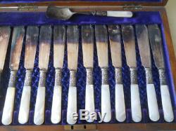 Vintage Mother of Pearl Fish Serving Knife & Fork Set Trimmed In Sterling