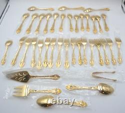 Vintage Rogers Bros 1847 Gold Plated 47 Pc Flatware Serving Set with Wooden Box