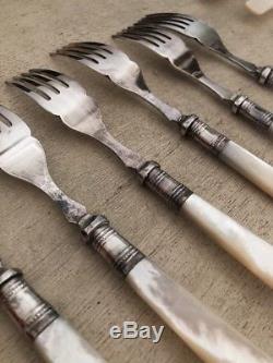 Vintage Sheffield Silver Mother of Pearl MOP Fish Knives & Forks Set For GUMPS 1