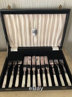 Vintage Sheffield Silver Mother of Pearl MOP Fish Knives & Forks Set For GUMPS 2