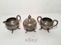 Vintage Silver on Copper Tea Service, Tray 3 Pots 3 Condiment Bowls, 7 Piece Set