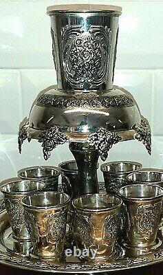 Vintage Wine Fountain Silver Plate Kiddush Set of 8 on Pedestal