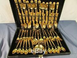 WM Rogers Gold Plated Enchanted Rose 63pc Flatware Set