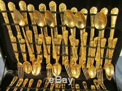 WM Rogers Gold Plated Enchanted Rose 63pc Flatware Set