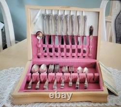 WM Rogers Silverplate Flatware 1954 Mountain Rose 50 Pieces with Wood Box