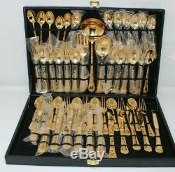 WM Rogers Sons Gold Plated 51 Pc Flatware Set ENCHANTED ROSE Silverware & Case