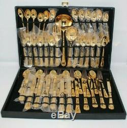 WM Rogers Sons Gold Plated 51 Pc Flatware Set ENCHANTED ROSE Silverware & Case