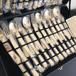 WM Rogers & Sons Gold Plated Flatware Set Silverware With Case Service for 12