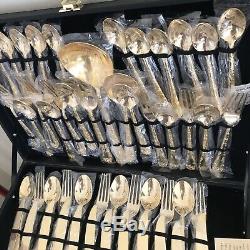 WM Rogers & Sons Gold Plated Flatware Set Silverware With Case Service for 12