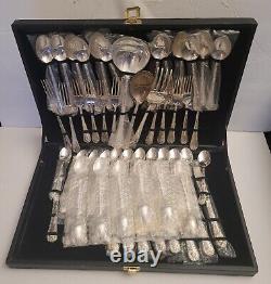 W M Rogers & Son Enchanted Rose Silverplate Flatware Set 63pcs With Case