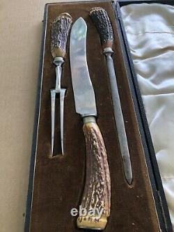 Walker & Hall Sheffield Carving Set Three Pieces Stag Horn Handle In Box