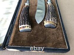 Walker & Hall Sheffield Carving Set Three Pieces Stag Horn Handle In Box
