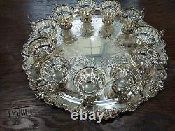 Wallace Baroque Silverplate 16 pc Punch Bowl Set 13 Cups, 21 Tray & Ladle