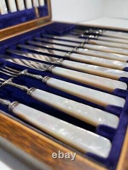 William Hutton & Sons Mother of Pearl Silver Plate Fruit Cutlery 24pc Set C 1913