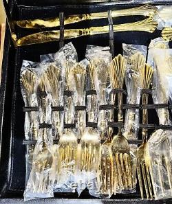 William Rogers and Sons Flatware Silverware Gold Plate 55 Pc Set In Box Flaw