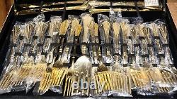 William Rogers and Sons Flatware Silverware Gold Plate 55 Pc Set In Box Flaw