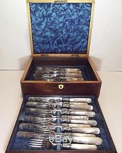 Wm Hutton 24 Pc Mother of Pearl Handle Chased Floral Dessert Set & Wood Chest