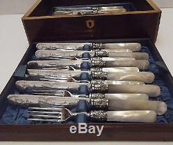 Wm Hutton 24 Pc Mother of Pearl Handle Chased Floral Dessert Set & Wood Chest