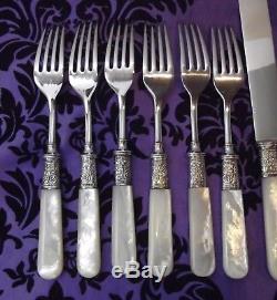 Wm Rogers Mfg Mother of Pearl Handle 12 Pc Knife & Fork Set withFloral Ferrules